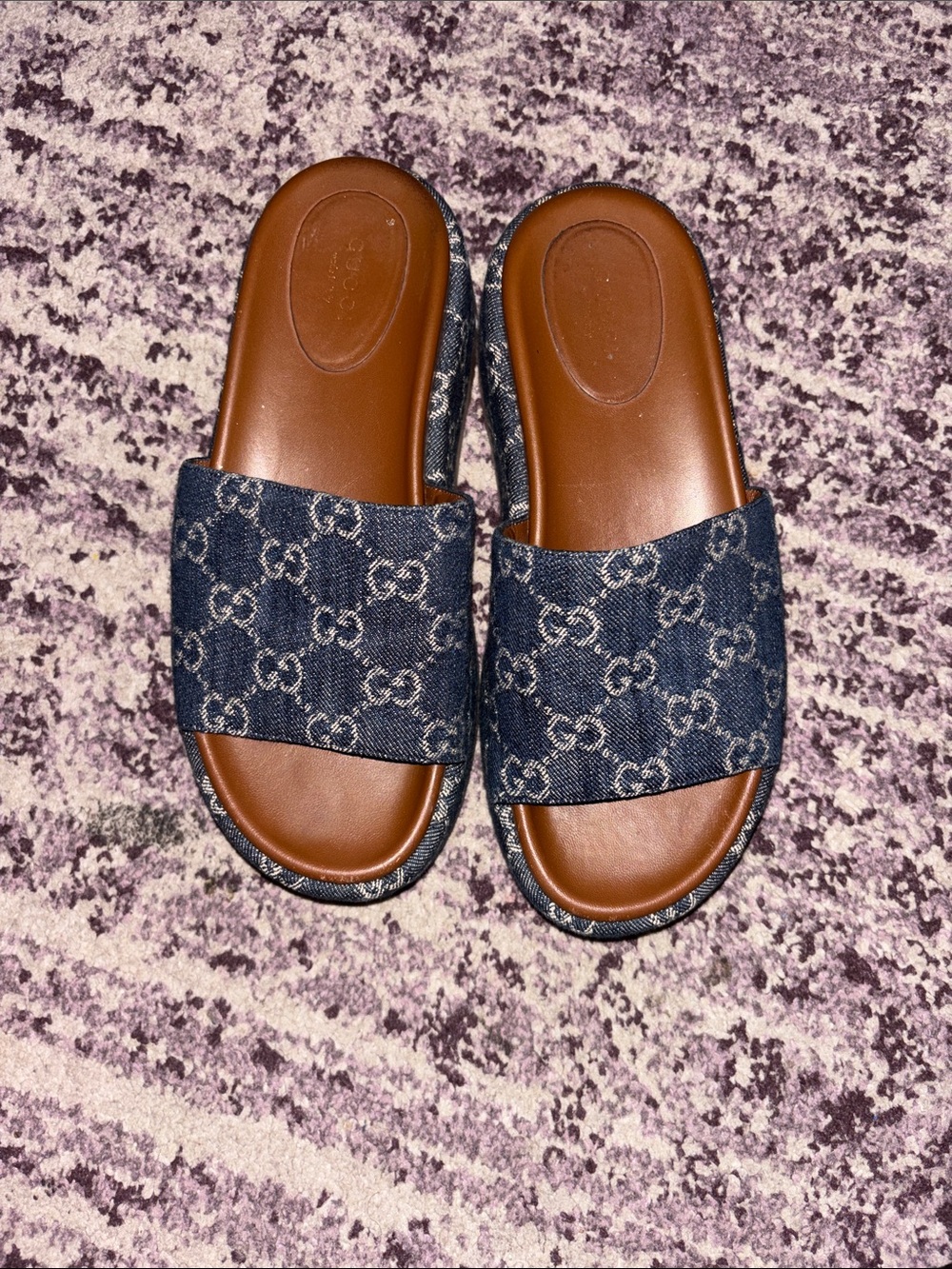 Gucci Denim GG Logo Slide Sandals - Brown & Navy Denim